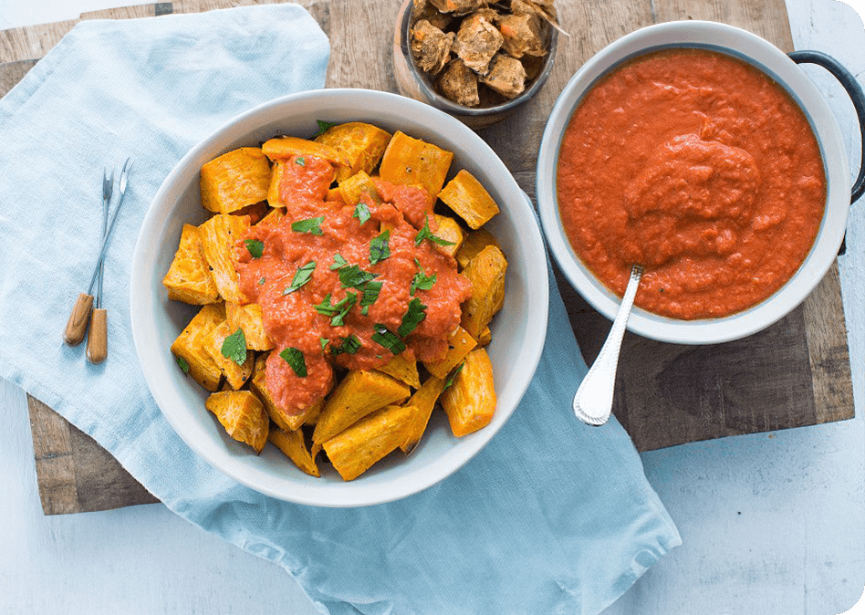 Zoete aardappel patatas bravas Cook and Sizzle