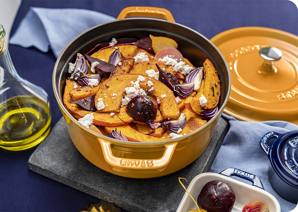 Geroosterde pompoen en rode biet met ras el hanout en feta