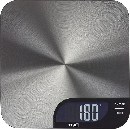 TFA Keukenweegschaal Digitaal Cheesecake, 50.2006.60, Gemakkelijk Te Reinigen Tara Buigfunctie Antislip Stand Tot 5 Kg Van Roestvrij Staal