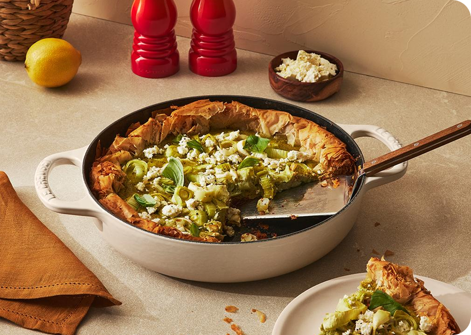 Filotaart met prei en groene pesto