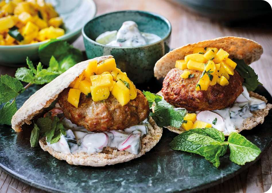 Pittige kalfsburger met frisse mangosalade en romige kruidendressing