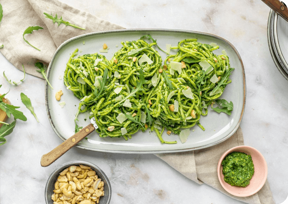 Linguine met spinazie-cashewpesto