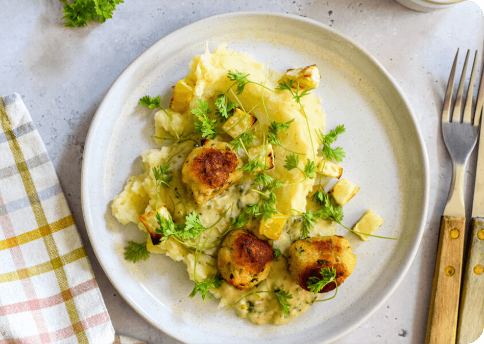 Verfijnde visballetjes met knolselderpuree en mosterdsaus