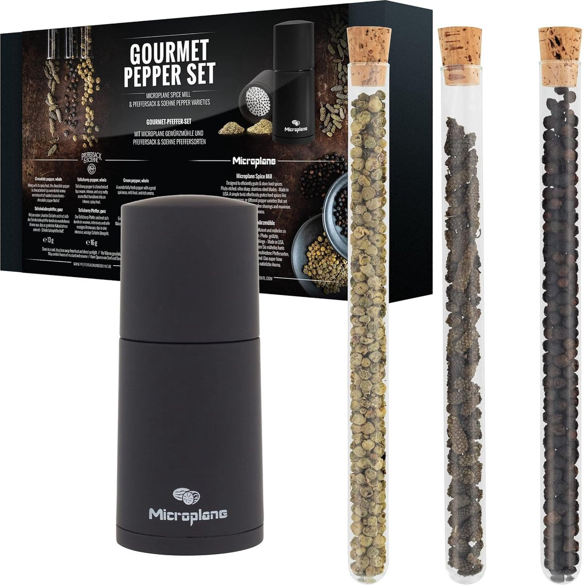Microplane Set Nootmuskaatmolen zwart met 3 soorten peper